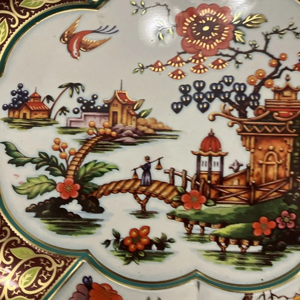 Daher Decorated Ware Tin Bowl Large Oval 13” Gold Floral Scenic 1971 England VTG
